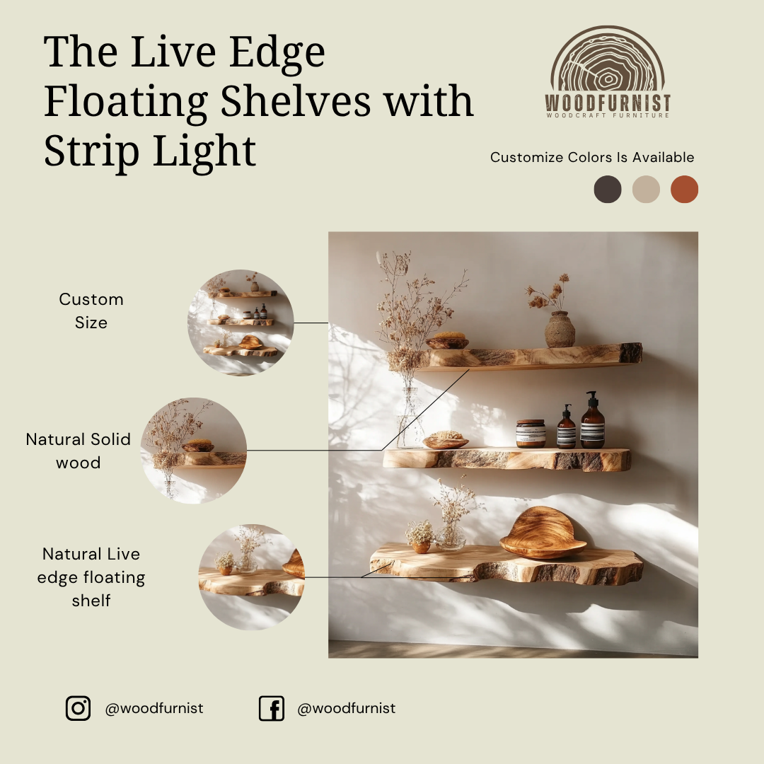 Rustic Wooden Floating Shelves – Live Edge Solid Wood Wall Display – Modern Natural Decor WFNED0117