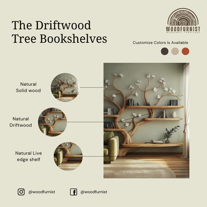 Organic Handcrafted Wooden Tree Bookshelf Wall Shelf – Blossom Branch Bookcase WFNVA0195