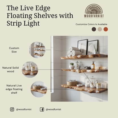 Rustic Live Edge Floating Shelf – Solid Wood Wall Mounted Shelf for Home Decor & Organization WFNED0153