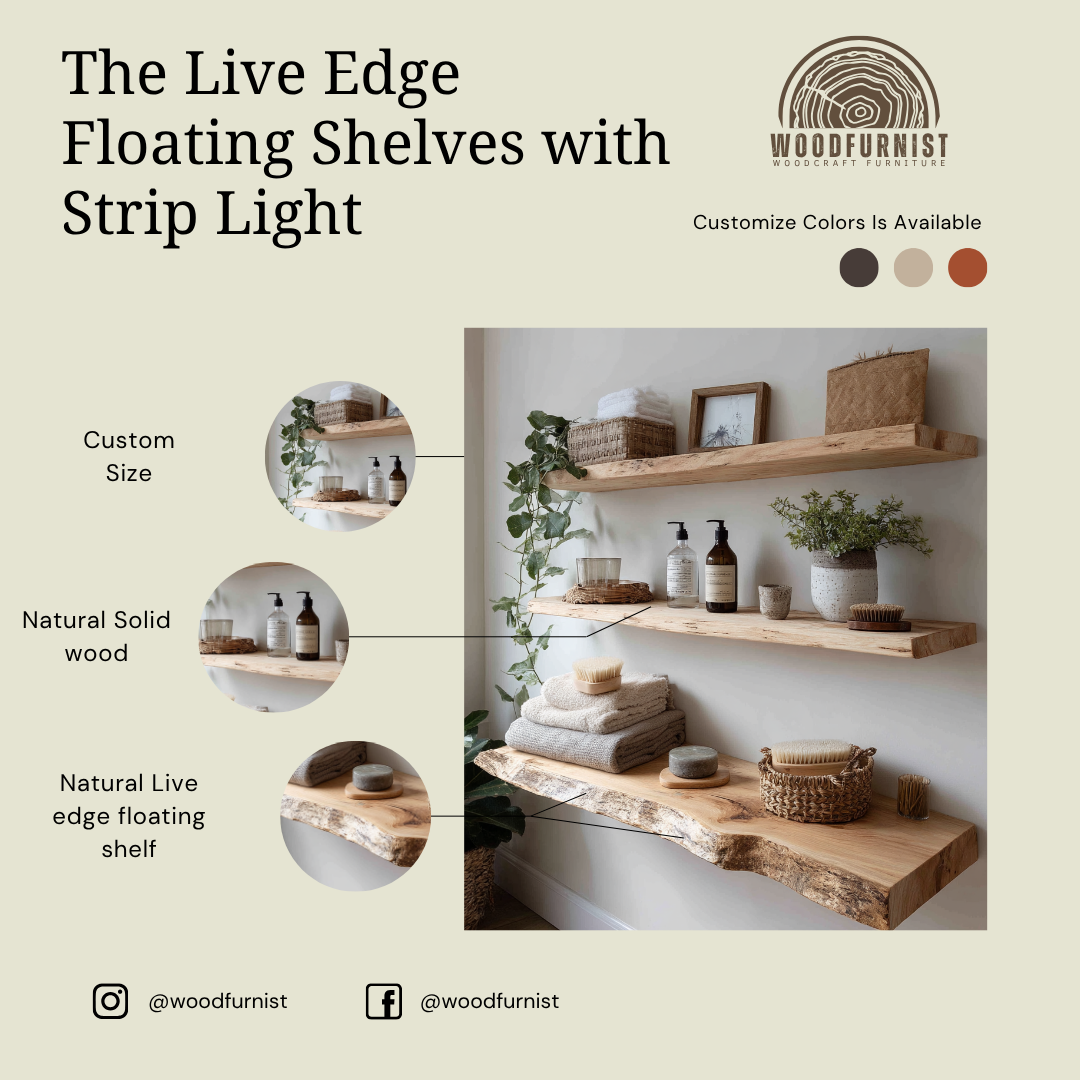 Rustic Floating Wooden Shelf – Handcrafted Live Edge Wall Shelves for Bathroom Storage WFNED0128