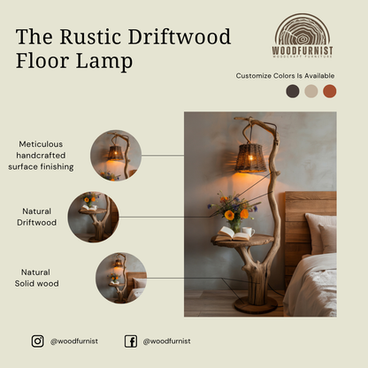 Rustic Solid Wood Floor Lamp Table – Sculptural Tree Lamp for Bedroom & Living Room