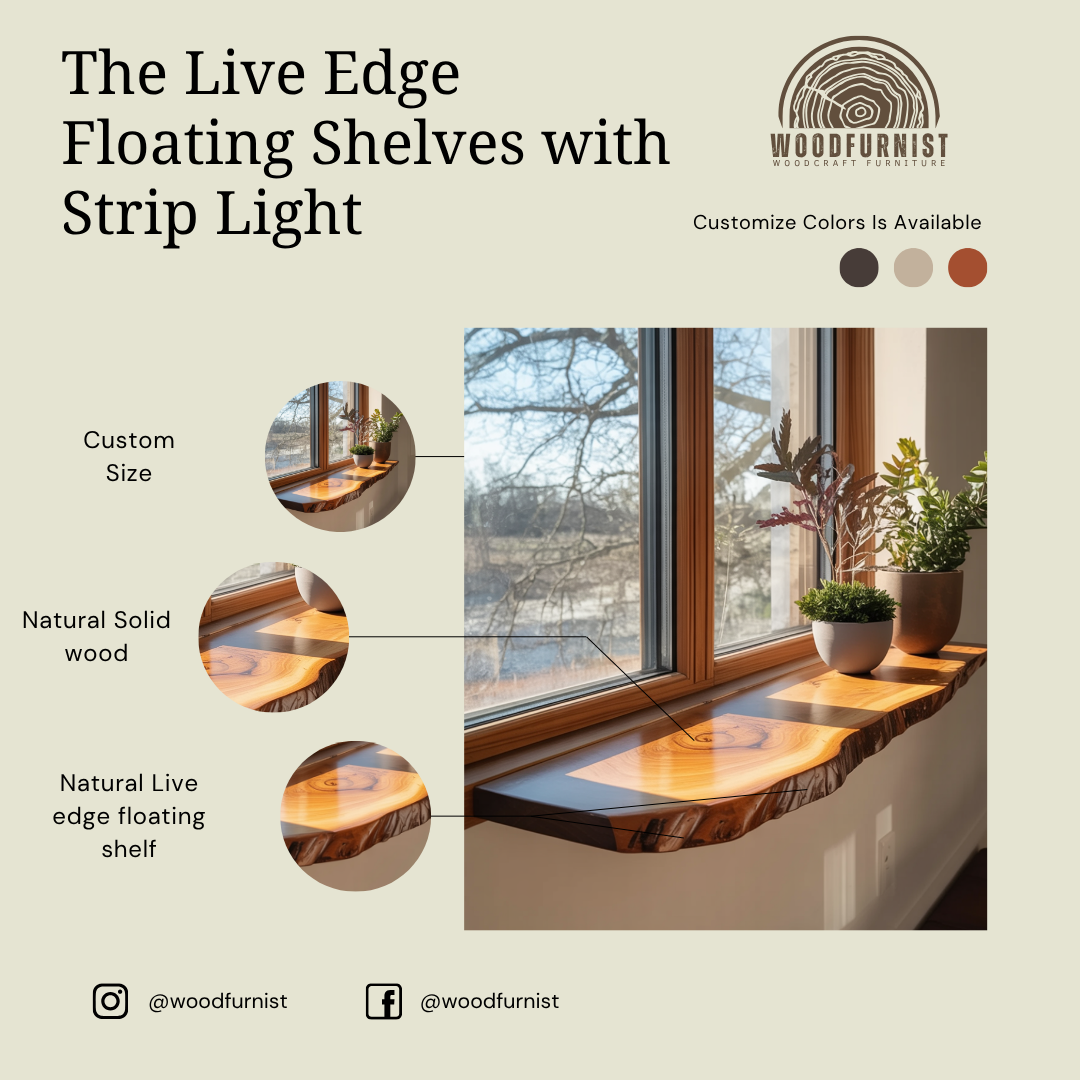 Live Edge Floating Wooden Shelf – Solid Wood Window Shelf for Plants & Home Decor WFNED0127
