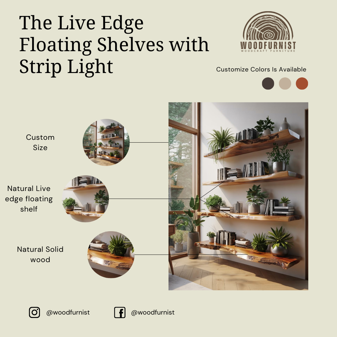 Rustic Live Edge Wooden Floating Wall Shelf – Solid Wood Wall-Mounted Shelf for Plants & Books WFNED0158