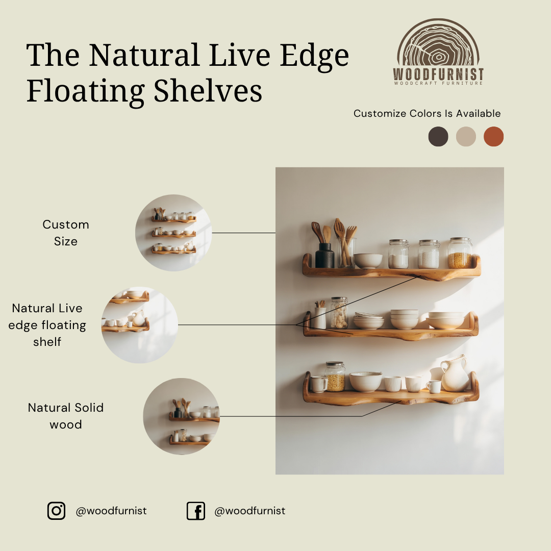 Live Edge Kitchen Floating Shelves – Solid Wood Wall-Mounted Storage & Display Shelves WFNVA0021