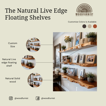 Live Edge Floating Shelves – Solid Wood Wall-Mounted Shelves for Rustic Home Decor WFNVA0022