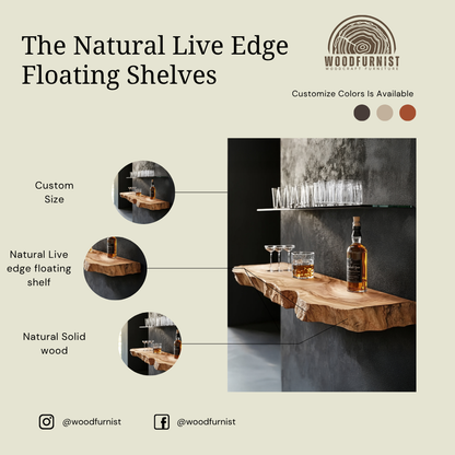 Live Edge Floating Bar Shelf – Solid Wood Wall-Mounted Whiskey & Liquor Display Shelf WFNVA0018