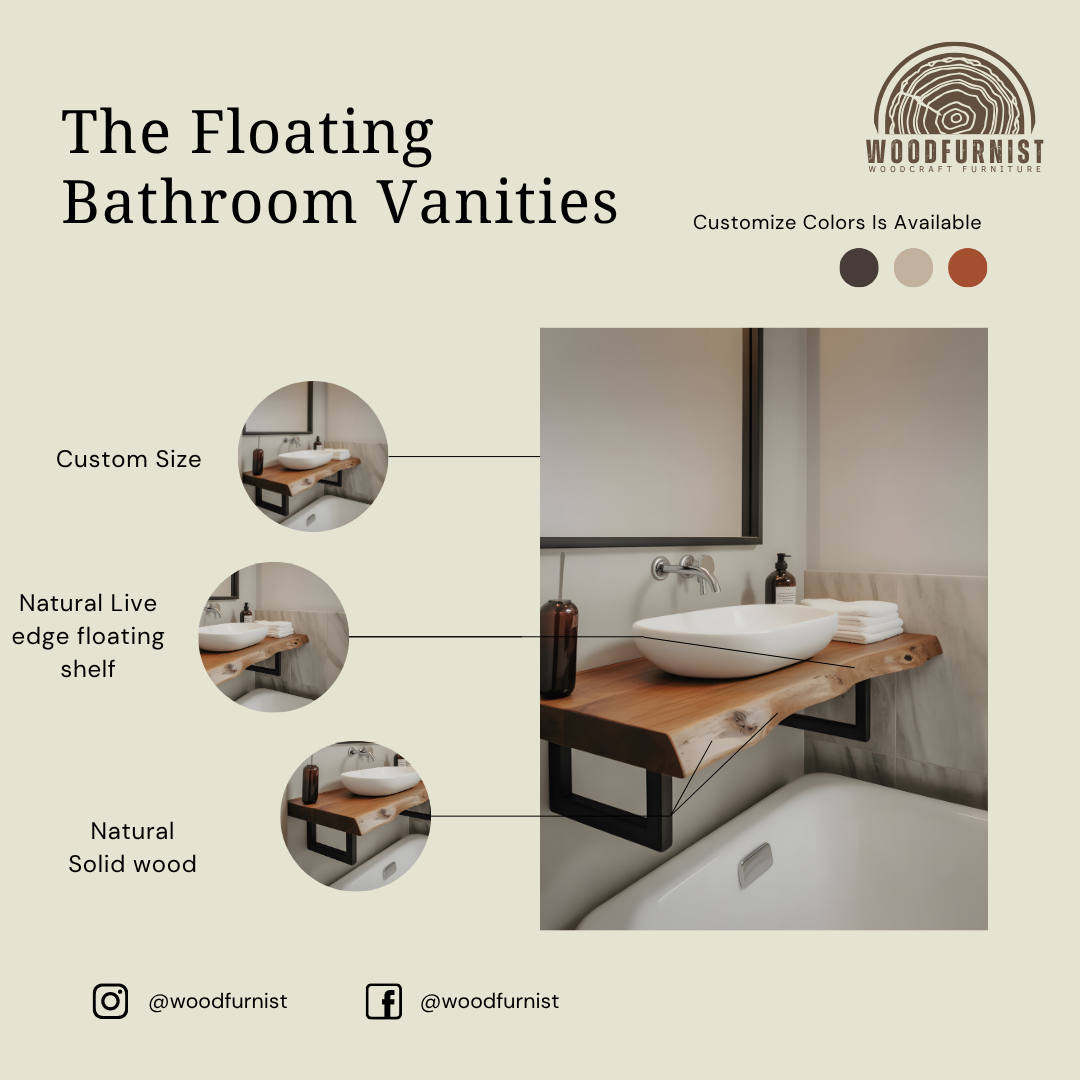 Live Edge Bathroom Vanity with Metal Brackets – Solid Wood Floating Sink Counter WFNVA0014