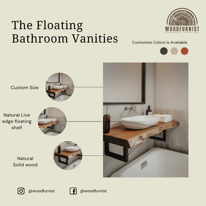 Live Edge Bathroom Vanity with Metal Brackets – Solid Wood Floating Sink Counter WFNVA0014