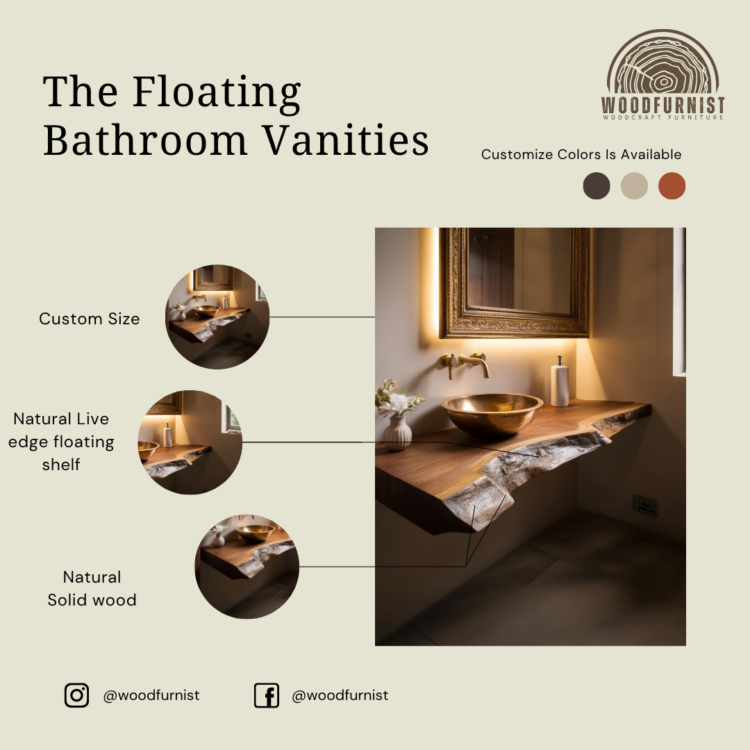 Live Edge Floating Bathroom Vanity – Solid Wood Wall-Mounted Sink Counter & Vanity Shelf WFNVA0017