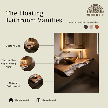 Live Edge Floating Bathroom Vanity – Solid Wood Wall-Mounted Sink Counter & Vanity Shelf WFNVA0017