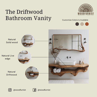 Live Edge Bathroom Vanity with Shelf – Solid Wood Floating Sink Counter with Storage WFNVA0001