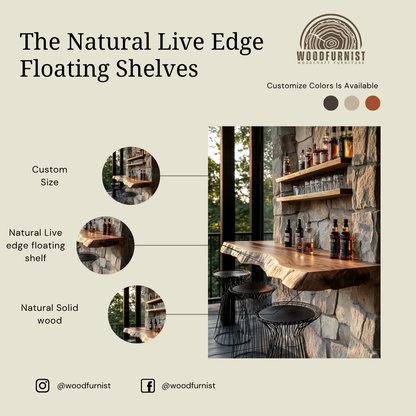 Live Edge Floating Bar Table – Solid Wood Wall-Mounted Whiskey Bar Counter & Shelf WFNVA0019
