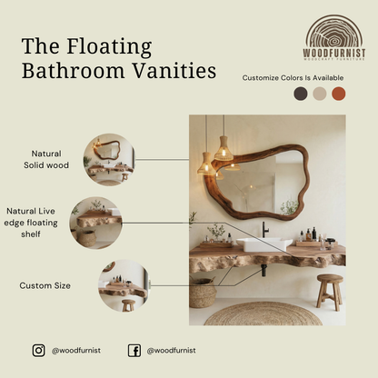 Live Edge Double Bathroom Vanity – Solid Wood Floating Sink Counter for Master Bathroom WFNVA0003