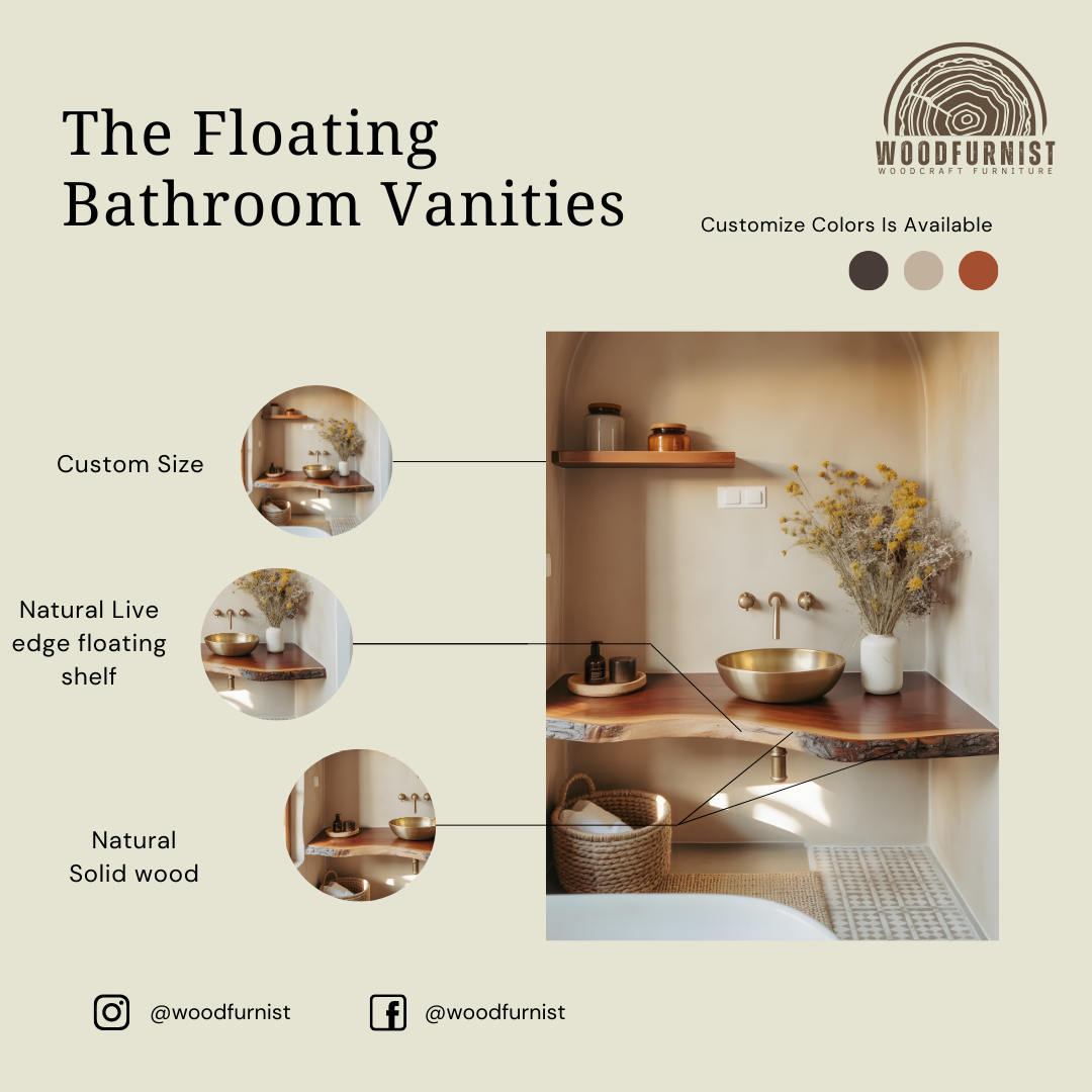 Live Edge Corner Bathroom Vanity – Solid Wood Floating Sink Counter for Small Bathroom WFNVA0012