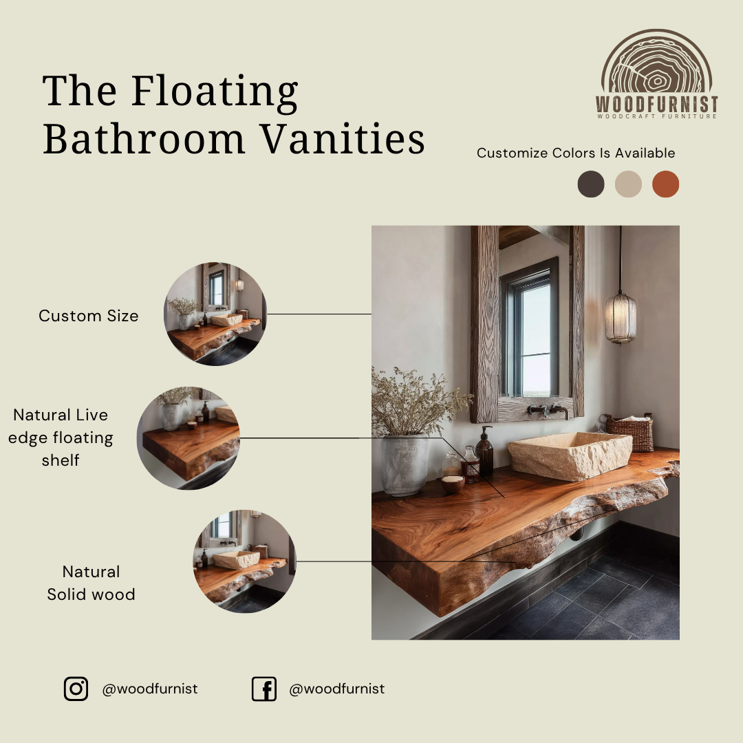 Live Edge Bathroom Vanity – Solid Wood Floating Sink Counter for Rustic Bathroom WFNVA0013