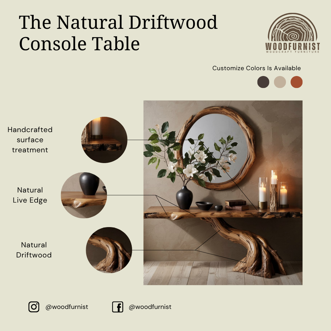 Organic Driftwood Console Table – Handmade Foyer Table, Natural Modern Home Decor WFNED0143