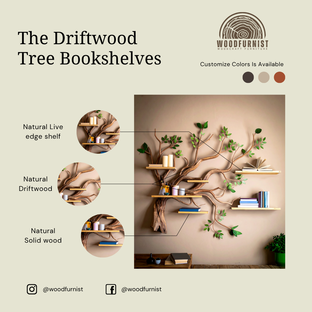 Tree Shaped Wall Bookshelf – Handmade Wooden Branch Shelf with Green Leaves – Rustic Modern Decor WFNED0111