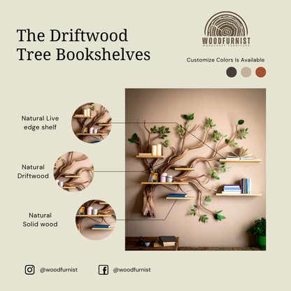 Tree Shaped Wall Bookshelf – Handmade Wooden Branch Shelf with Green Leaves – Rustic Modern Decor WFNED0111