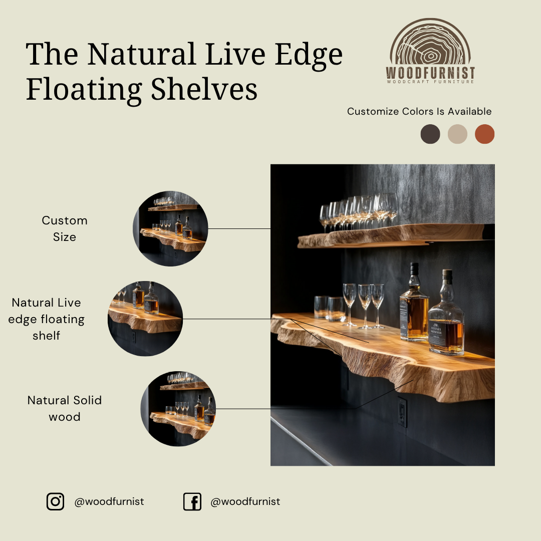 Wooden Floating Bar Shelf – Live Edge Wall Shelf for Whiskey & Glass Display