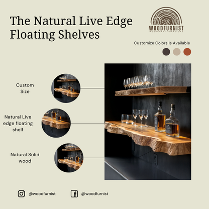 Wooden Floating Bar Shelf – Live Edge Wall Shelf for Whiskey & Glass Display
