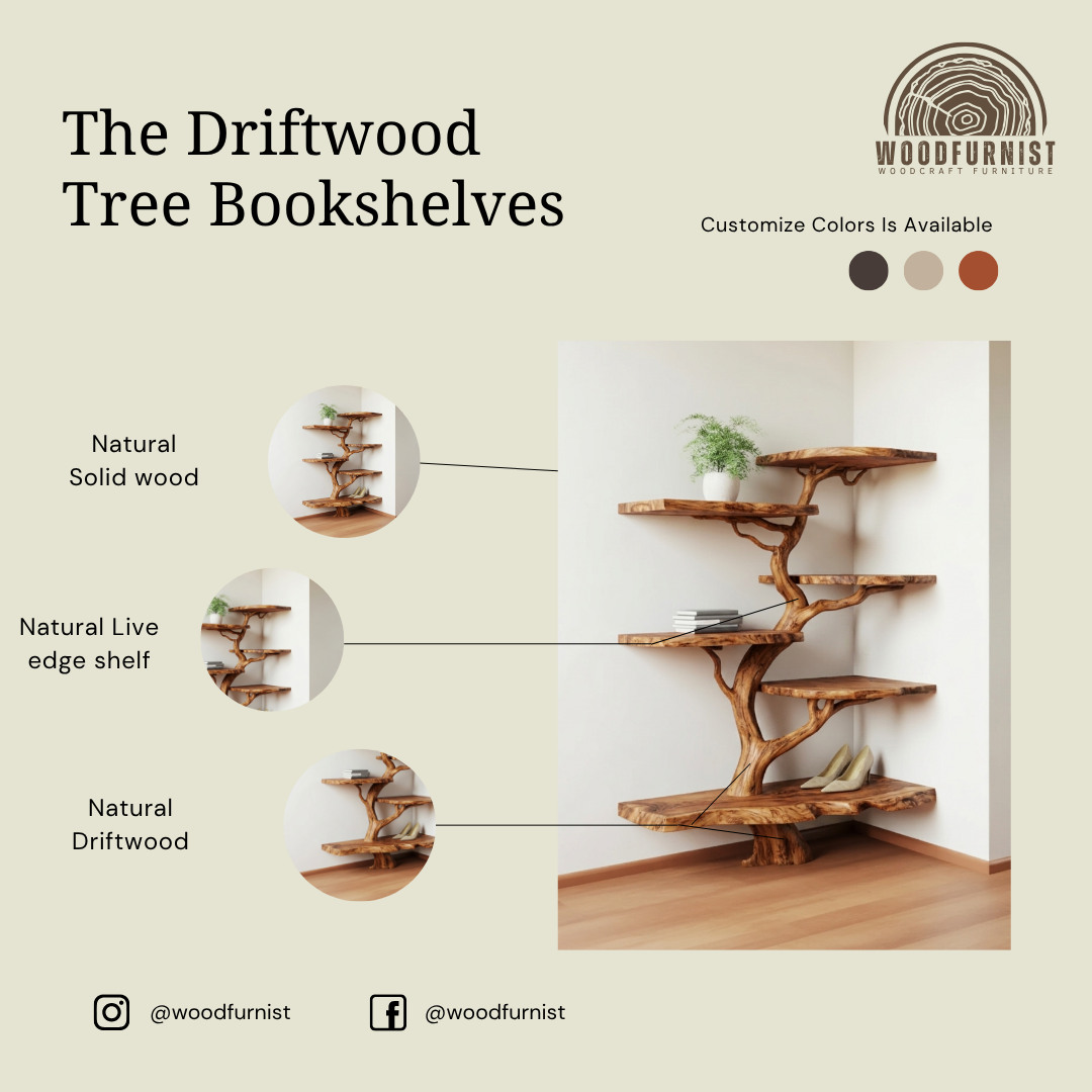 Corner Tree Live Edge Solid Wood Shelf – Sculptural Tree Bookshelf