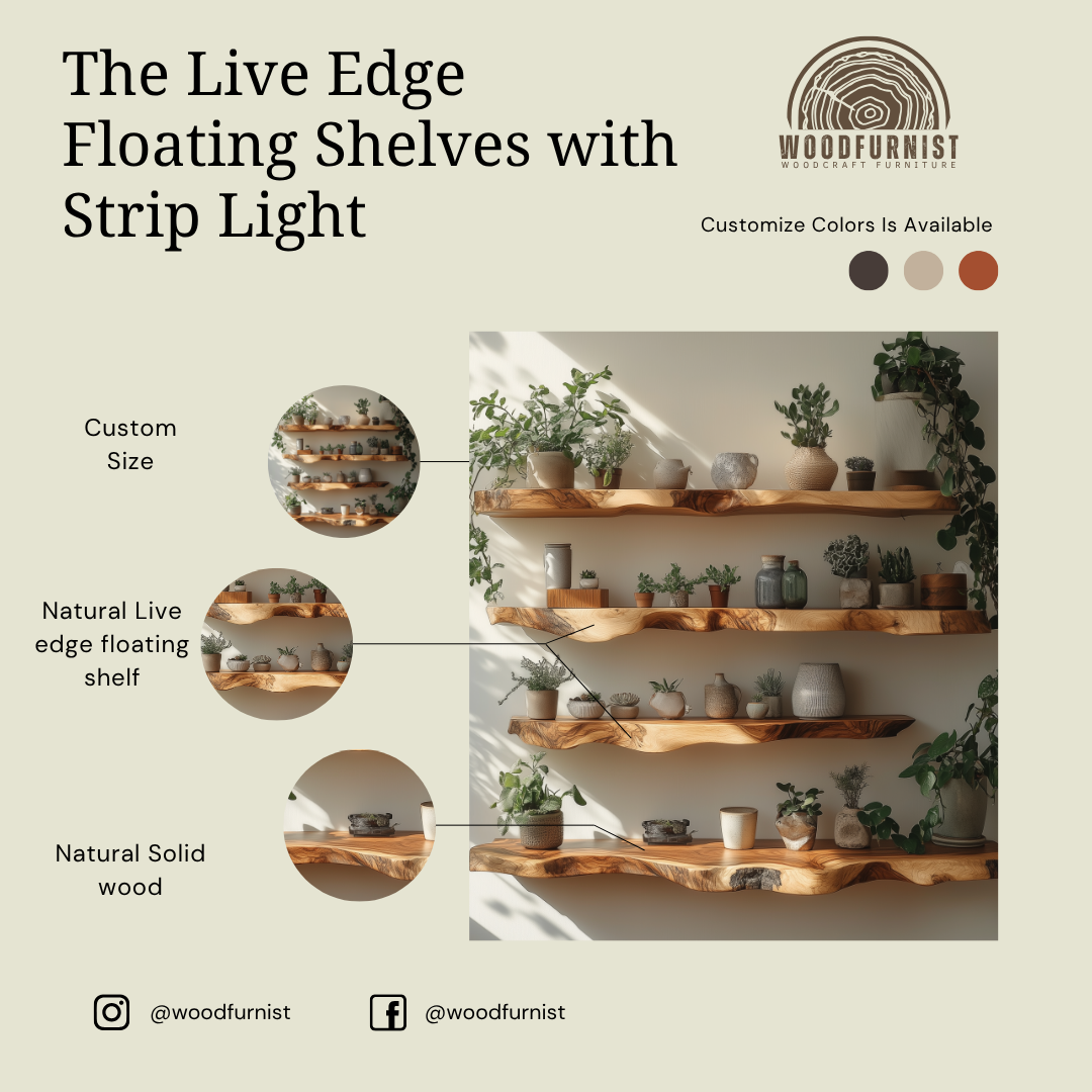 Live Edge Floating Shelves – Handmade Solid Wood Wall Shelves – Rustic Natural Home Decor by Woodfurnist WFNED0118