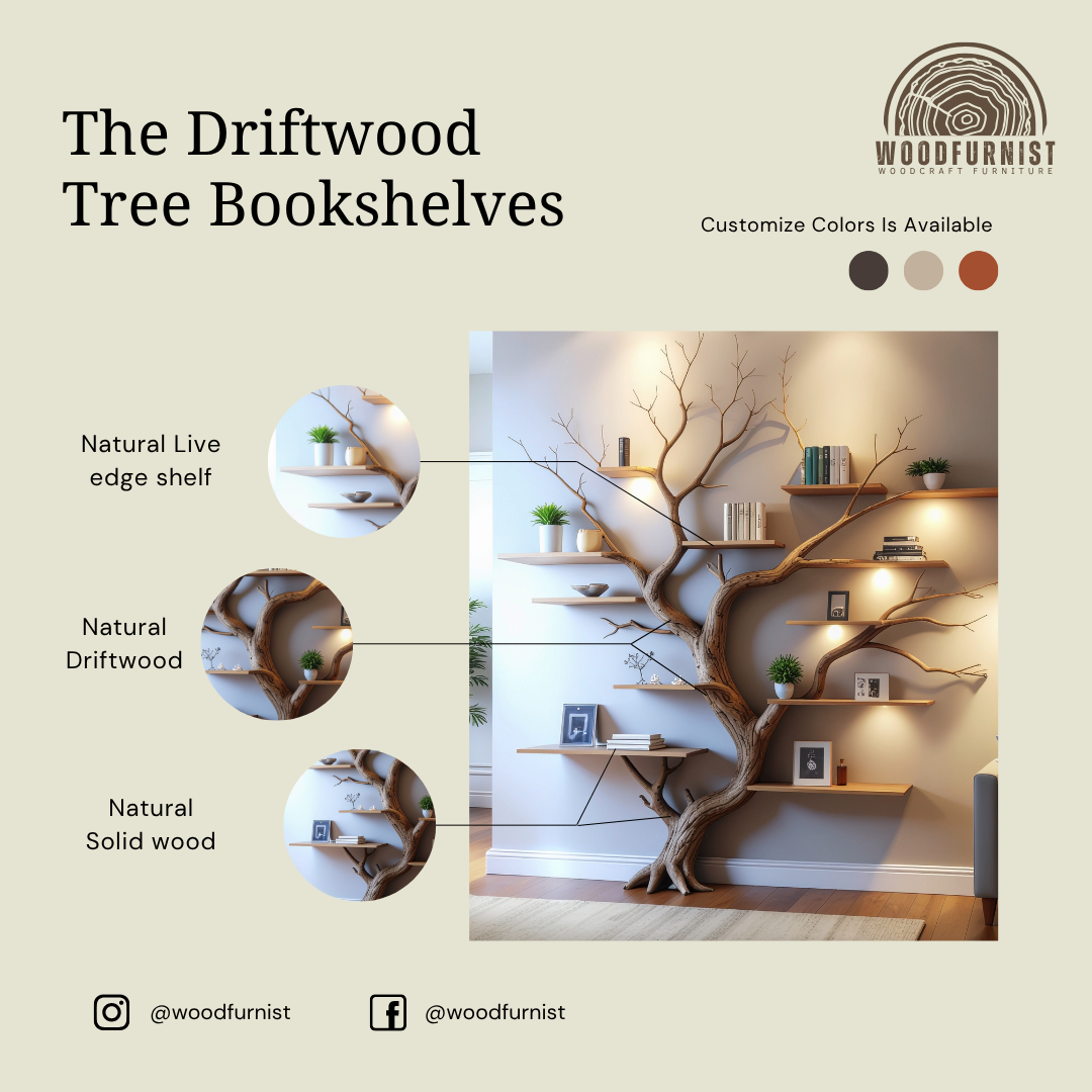 Tree Shaped Bookshelf – Live Edge Wooden Branch Shelf – Handcrafted Wall Art Furniture for Home & Office WFNED0109