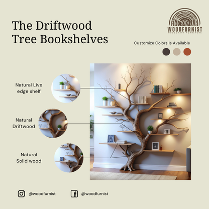 Tree Shaped Bookshelf – Live Edge Wooden Branch Shelf – Handcrafted Wall Art Furniture for Home & Office WFNED0109