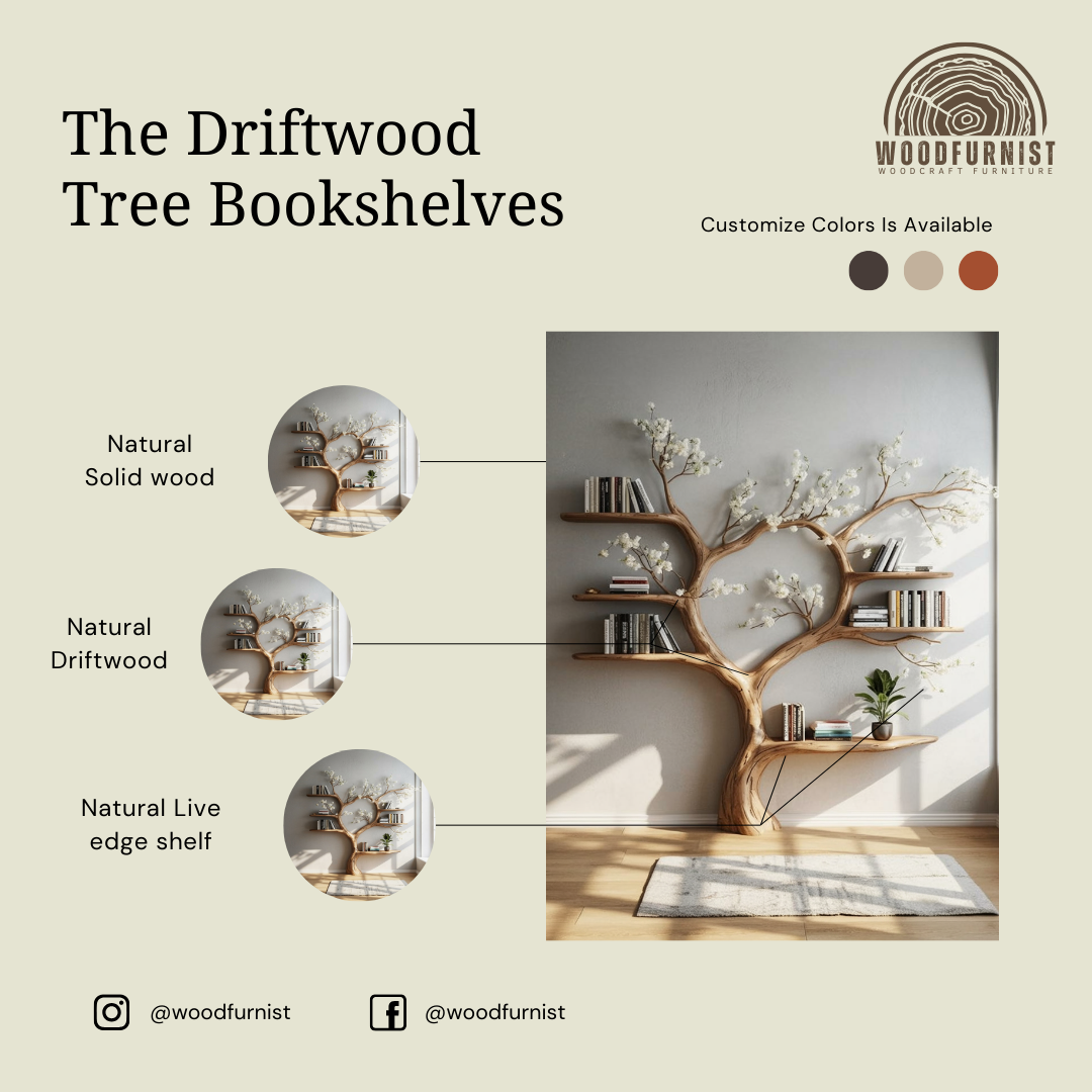 Standing Tree Bookshelf – Handmade Wooden Tree Bookcase with Blossom Branch Shelves WFNED0170