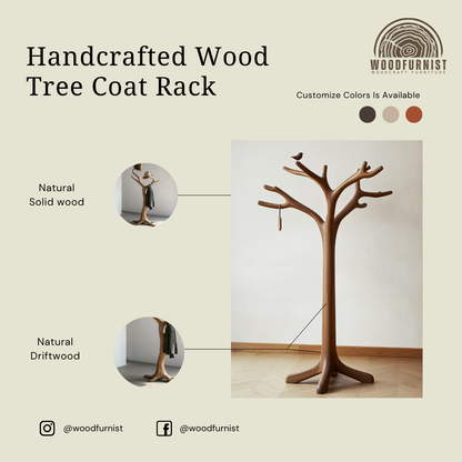 Handcrafted Tree Coat Rack Solid Wood Freestanding Coat Stand Sculptural Entryway Organizer