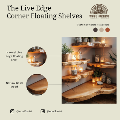 Corner Floating Wooden Shelf for Plants & Candles – Natural Solid Wood WFNED0136