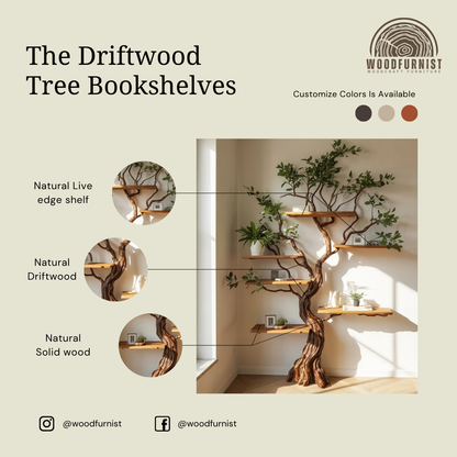 Natural Wood Standing Tree Bookshelf – Unique Branch Bookshelf for Living Room Storage WFNED0152