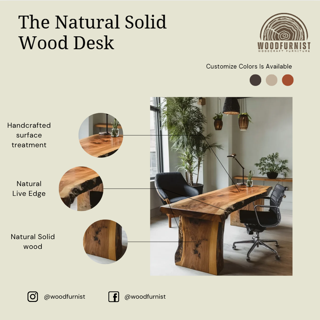Live Edge Solid Wood Office Desk – Handmade Natural Slab Executive Table WFNED0139