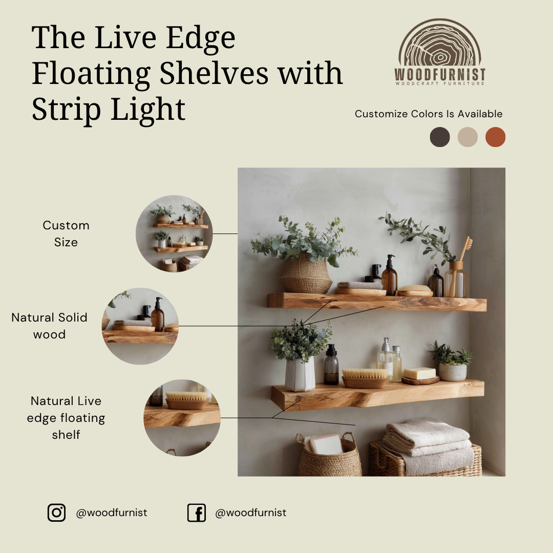 Live Edge Floating Wooden Shelf – Handmade Solid Wood Bathroom & Home Wall Shelf | Woodfurnist WFNED0123