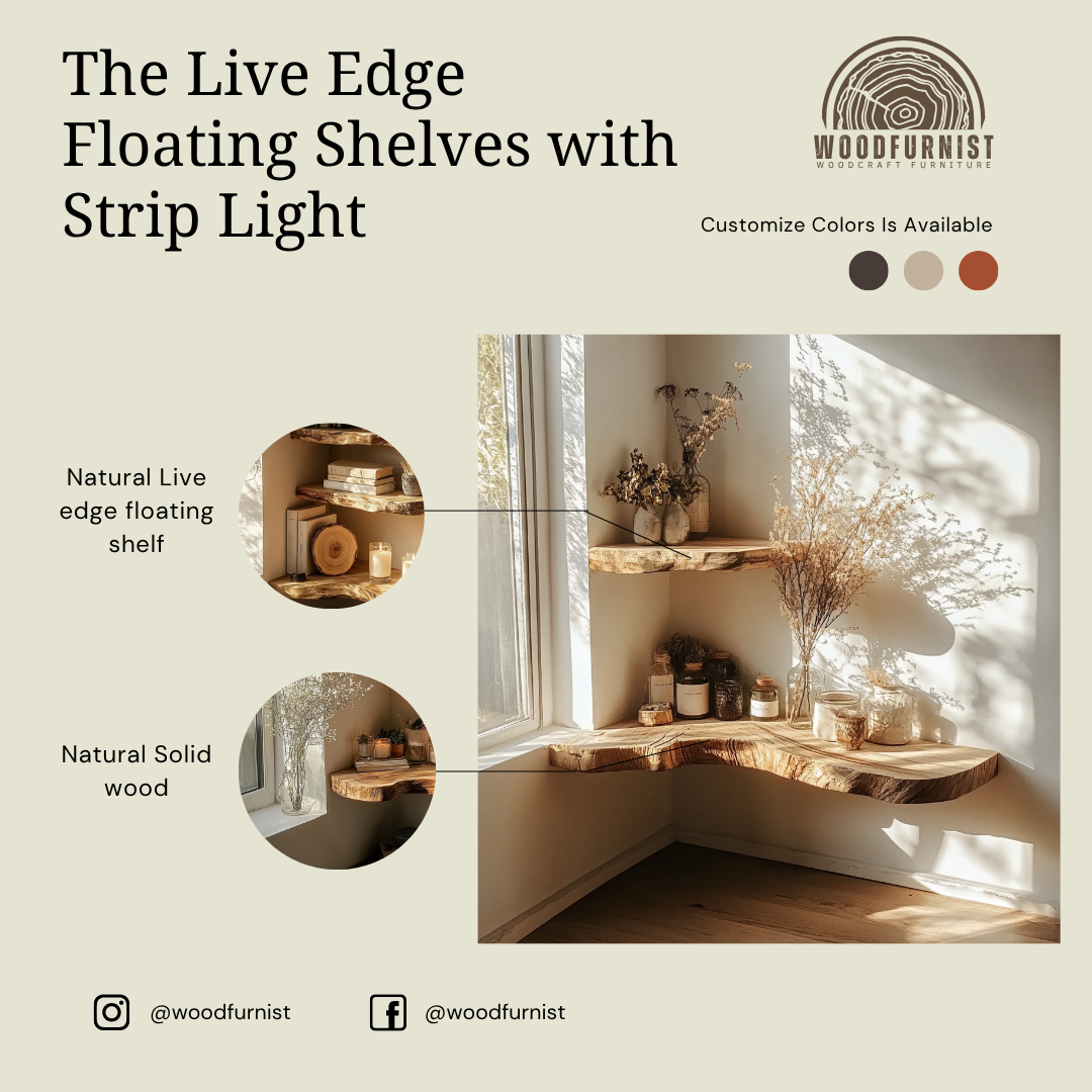 Live Edge Corner Floating Shelves - Handmade Solid Wood Wall Shelves for Rustic Home Décor WFNED0022