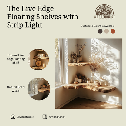 Live Edge Corner Floating Shelves - Handmade Solid Wood Wall Shelves for Rustic Home Décor WFNED0022