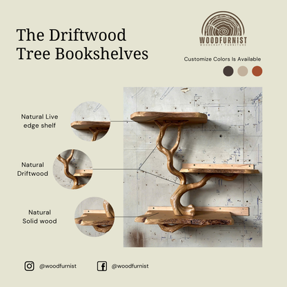 Driftwood Tree Bookshelf – Natural Branch Wall Shelf, Live Edge Wooden Display Shelf for Home Decor WFNED0036