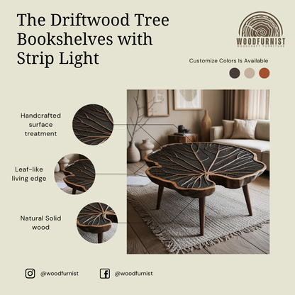 Wood Leaf Coffee Table – Unique Nature Inspired Center Table, Rustic Modern Home DecorWFNED0068