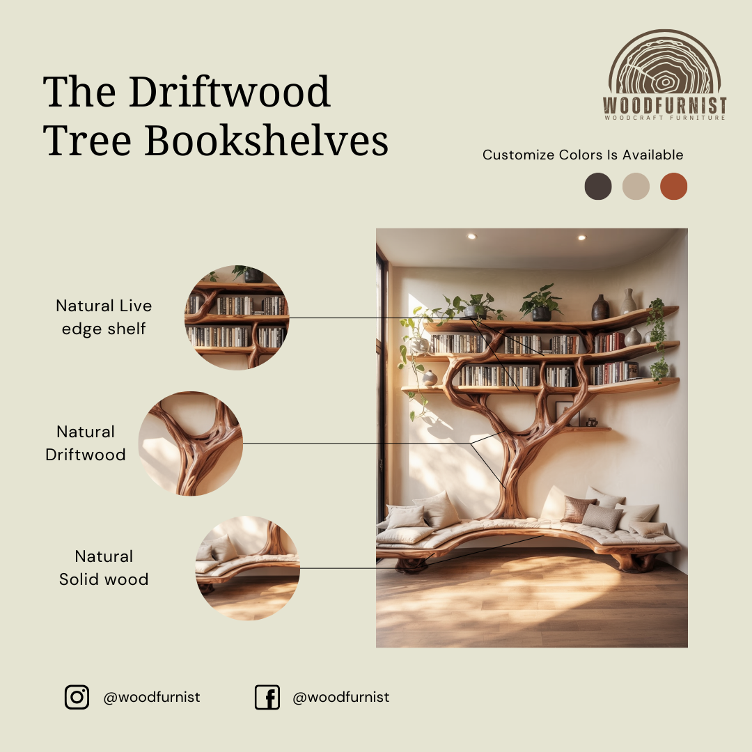 Standing Tree Bookshelf – Handmade Natural Wood Tree Shelf with Bench Seating WFNED0160