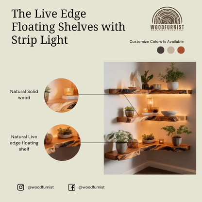 Corner Floating Wooden Shelf with LED – Live Edge Solid Wood Wall Shelf WFNED0132