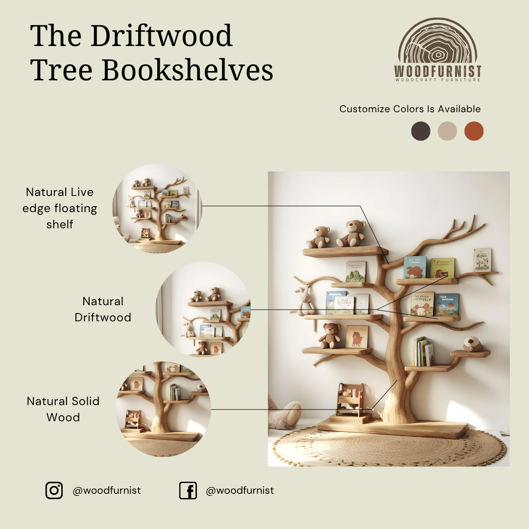Solid Wood Tree Bookshelf – Sculptural Kids Room Wall Shelf for Nursery Decor