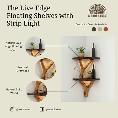 Corner Floating Shelf with LED – Handmade Branch Wood Wall Shelf – Rustic Modern Home Decor by Woodfurnist WFNED0114