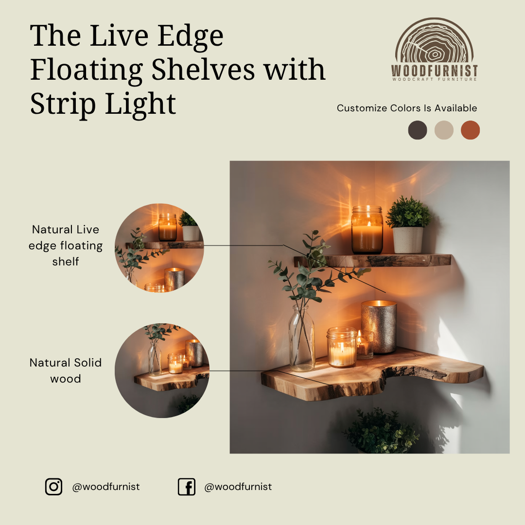 Rustic Live Edge Corner Floating Shelves – Handcrafted Solid Wood Wall Display WFNED0019