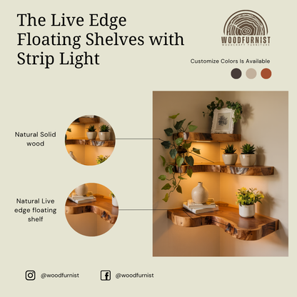 Handcrafted Rustic Corner Floating Wooden Shelf | Natural Live Edge Wall Shelf for Home Decor WFNED0104