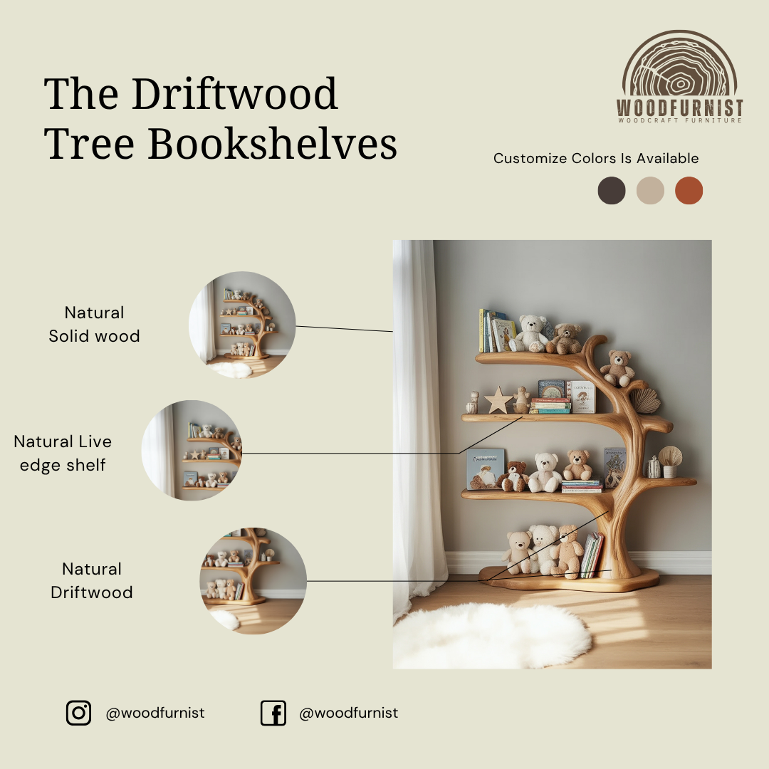 Solid Wood Tree Bookshelf – Minimalist Kids Display with Natural Warmth