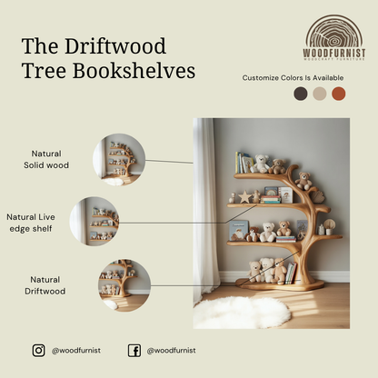 Solid Wood Tree Bookshelf – Minimalist Kids Display with Natural Warmth