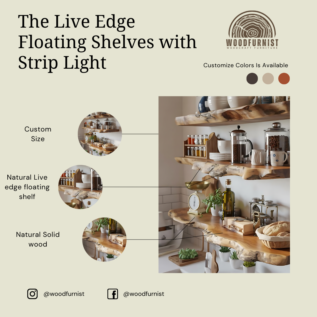 Rustic Floating Wood Shelves for Wall – Handmade Live Edge Storage & Display Shelf WFNED0155