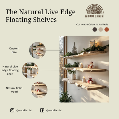 Rustic Floating Wood Shelf – Natural Live Edge Wall Mounted Shelf for Christmas & Everyday Decor WFNED0176