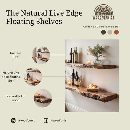 Live Edge Floating Wood Shelves – Handcrafted Solid Wood Wall Shelves for Kitchen, Living Room & Home Decor WFNED0185
