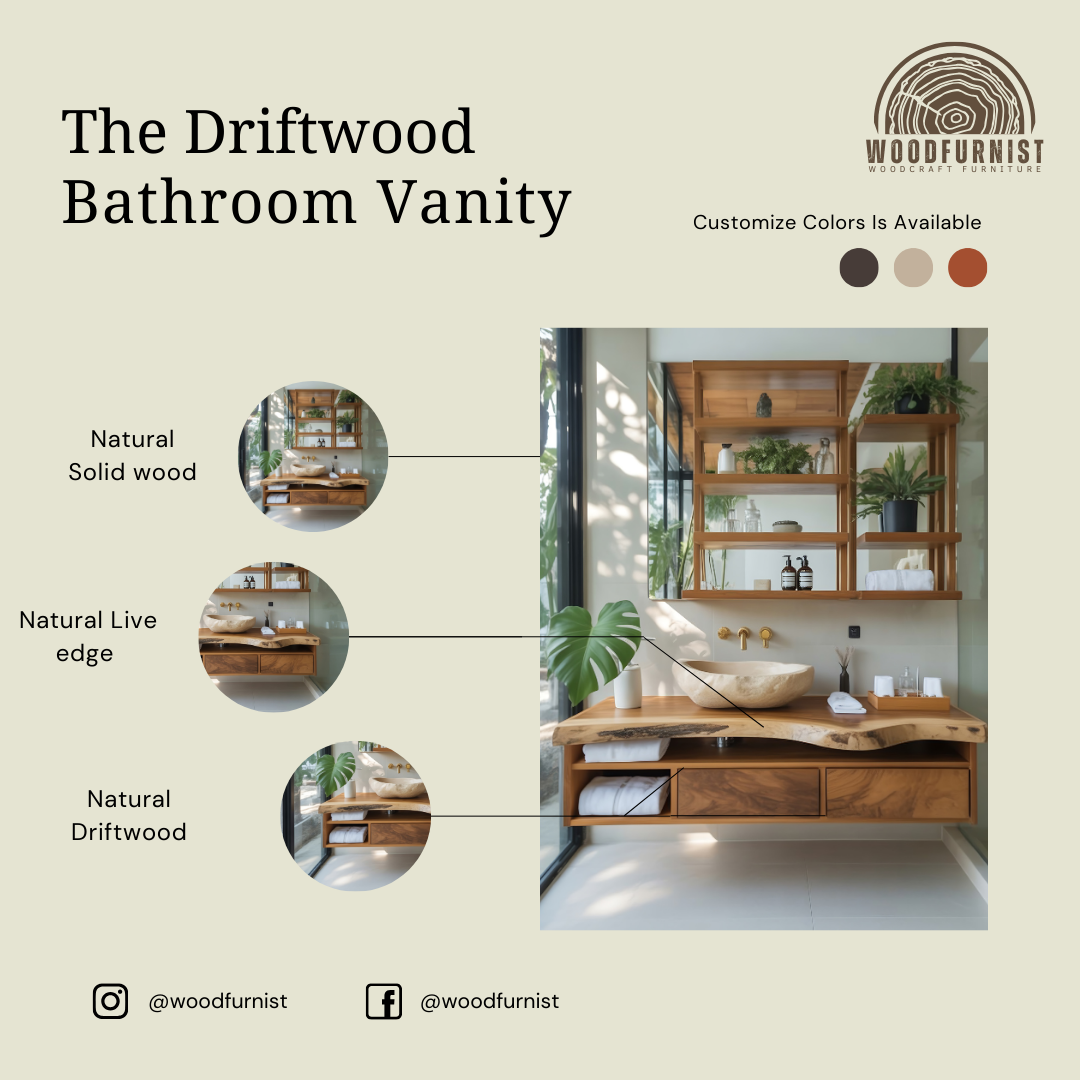 Modern Floating Bathroom Vanity – Solid Wood Vanity with Drawers & Open Shelving